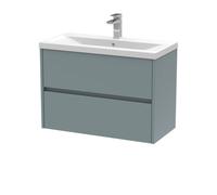 Square Wall Hung 2 Drawer Vanity Unit & Ceramic Basin, 800mm - Matt Coastal Grey
