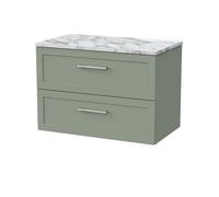 Balterley Stonnall Traditional Wall Hung 2 Drawers Vanity Unit With Carrera Marble Laminate Worktop, 800mm, Reed Green