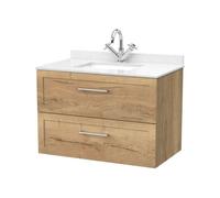 Balterley Stonnall Traditional Wall Hung 2 Drawers Vanity Unit With Marble Top With Basin, 800mm, Autumn Oak