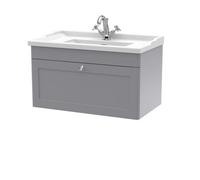 Swynnerton Traditional 1 Drawer Wall Hung Vanity Unit with Basin, Satin Grey, 800mm