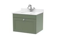 Swynnerton Traditional 1 Drawer Wall Hung Vanity Unit with Marble Basin, Satin Green, 600mm