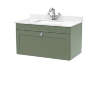 Swynnerton Traditional 1 Drawer Wall Hung Vanity Unit with Marble Basin, Satin Green, 800mm