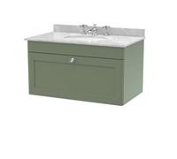 Swynnerton Traditional 1 Drawer Wall Hung Vanity Unit with Marble Basin, Satin Green, 800mm