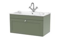 Swynnerton Traditional 1 Drawer Wall Hung Vanity Unit with Stone Basin, Satin Green, 800mm