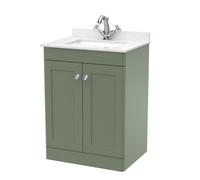 Swynnerton Traditional 2 Door Floor Standing Vanity Unit with Marble Basin, Satin Green, 600mm