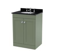 Swynnerton Traditional 2 Door Floor Standing Vanity Unit with Marble Basin, Satin Green, 600mm