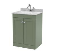 Swynnerton Traditional 2 Door Floor Standing Vanity Unit with Marble Basin, Satin Green, 600mm