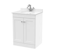 Swynnerton Traditional 2 Door Floor Standing Vanity Unit with Marble Basin, Satin White, 600mm