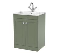 Swynnerton Traditional 2 Door Floor Standing Vanity Unit with Stone Basin, Satin Green, 600mm