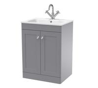 Swynnerton Traditional 2 Door Floor Standing Vanity Unit with Stone Basin, Satin Grey, 600mm