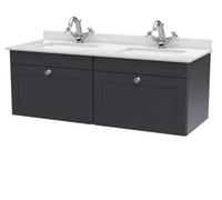 Swynnerton Traditional 2 Drawer Wall Hung Vanity Unit with Double Marble Basin, Dark Grey, 1200mm