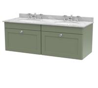 Balterley Swynnerton Traditional 2 Drawer Wall Hung Vanity Unit With Double Marble Basin, Satin Green, 1200mm