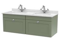 Balterley Swynnerton Traditional 2 Drawer Wall Hung Vanity Unit With Double Marble Basin, Satin Green, 1200mm