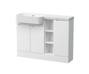 Balterley Teddesley Floor Standing Compact 3 Door Combination Vanity Basin Unit With Open Shelves And Basin, 1100mm, Left Hand, Matt White