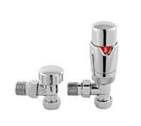 Balterley Thermostatic Radiator Valve with Lockshield Valve, Angled Chrome TRV, Smooth Round Cap Radiator Valves 15mm, Thermostatic Valves for Radiators, Sold in Pairs - 40 x 40 x 128 mm (Chrome)