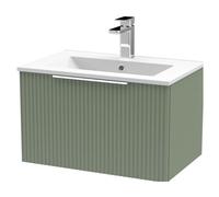 Tixall Fluted 1 Drawer Wall Hung Vanity Unit with Minimalist Basin, Satin Green, 600mm