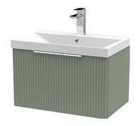 Tixall Fluted 1 Drawer Wall Hung Vanity Unit with Thin Edge Basin, Satin Green, 600mm