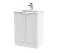 Tixall Fluted 2 Door Floor Standing Vanity Unit with Minimalist Basin, Satin White, 600mm