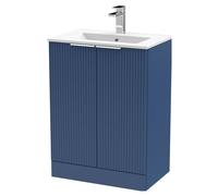 Tixall Fluted 2 Door Floor Standing Vanity Unit with Minimalist Basin, Satin Blue, 600mm