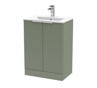 Tixall Fluted 2 Door Floor Standing Vanity Unit with Minimalist Basin, Satin Green, 600mm
