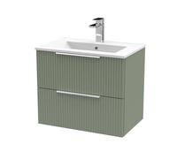 Tixall Fluted 2 Drawer Wall Hung Vanity Unit with Minimalist Basin, Satin Green, 600mm
