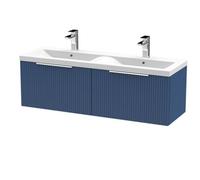 Tixall Fluted 2 Drawer Wall Hung Vanity Unit with Double Basin, Satin Blue, 1200mm
