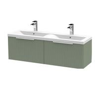 Tixall Fluted 2 Drawer Wall Hung Vanity Unit with Double Basin, Satin Green, 1200mm