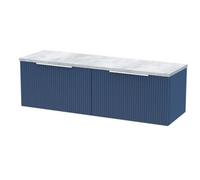 Tixall Fluted 2 Drawer Wall Hung Vanity Unit with Laminate Worktop, Satin Blue, 1200mm