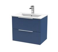 Tixall Fluted 2 Drawer Wall Hung Vanity Unit with Minimalist Basin, Satin Blue, 600mm