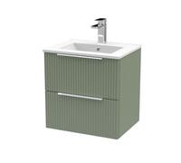 Tixall Fluted 2 Drawer Wall Hung Vanity Unit with Minimalist Basin, Satin Green, 500mm