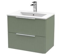 Tixall Fluted 2 Drawer Wall Hung Vanity Unit with Minimalist Basin, Satin Green, 600mm