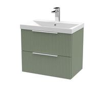 Tixall Fluted 2 Drawer Wall Hung Vanity Unit with Thin Edge Basin, Satin Green, 600mm