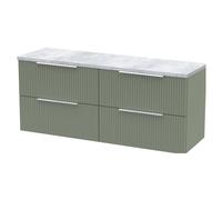 Tixall Fluted 4 Drawer Wall Hung Vanity Unit with Laminate Worktop, Satin Green, 1200mm