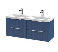 Tixall Fluted 4 Drawer Wall Hung Vanity Unit with Double Basin, Satin Blue, 1200mm