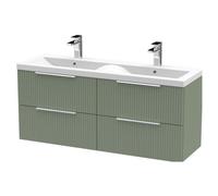 Tixall Fluted 4 Drawer Wall Hung Vanity Unit with Double Basin, Satin Green, 1200mm