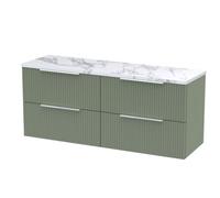 Tixall Fluted 4 Drawer Wall Hung Vanity Unit with Laminate Worktop, Satin Green, 1215mm