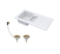 Balterley Traditional 101Cm 1.5 Bowl Fireclay Inset Kitchen Sink & Drainer & Brushed Brass Wastes - White