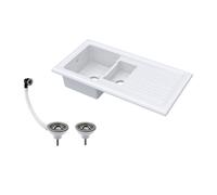 Balterley Traditional 101cm 1.5 Bowl Fireclay Inset Kitchen Sink & Drainer & Brushed Nickel Wastes - White