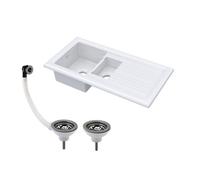 Balterley Traditional 101Cm 1.5 Bowl Fireclay Inset Kitchen Sink & Drainer & Brushed Pewter Wastes - White