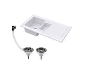 Balterley Traditional 101Cm 1.5 Bowl Fireclay Inset Kitchen Sink & Drainer & Brushed Pewter Wastes - White