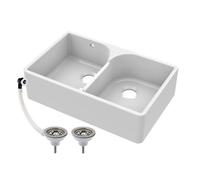 Balterley 795mm Butler White Kitchen Sink, Double Bowl Stepped Weir with 2 Waste with 1 Overflow, Durable Butler Fireclay Ceramic Kitchen Sink Bowl, Farmhouse Sinks - 795 x 500 x 220mm (White)