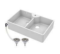 Balterley Traditional 895mm 2 Bowl Fireclay Butler Kitchen Sink - Stepped Weir, Tap Hole & Waste