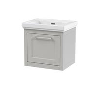 Balterley Traditional Bathroom Wall Hung 1 Drawer Vanity Unit And 0 Tap Hole Fireclay Basin, 500mm, Woodgrain Grey