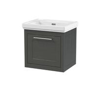 Balterley Traditional Bathroom Wall Hung 1 Drawer Vanity Unit And 0 Tap Hole Fireclay Basin, 500mm, Woodgrain Dark Grey