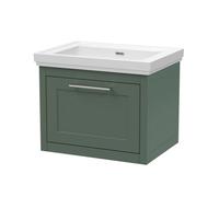 Balterley Traditional Bathroom Wall Hung 1 Drawer Vanity Unit And 0 Tap Hole Fireclay Basin, 600mm, Matt Green