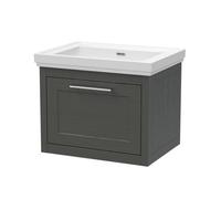 Balterley Traditional Bathroom Wall Hung 1 Drawer Vanity Unit And 0 Tap Hole Fireclay Basin, 600mm, Woodgrain Dark Grey