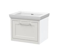 Balterley Traditional Bathroom Wall Hung 1 Drawer Vanity Unit And 0 Tap Hole Fireclay Basin, 600mm, Woodgrain White