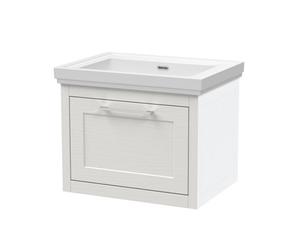 Balterley Traditional Bathroom Wall Hung 1 Drawer Vanity Unit And 0 Tap Hole Fireclay Basin, 600mm, Woodgrain White