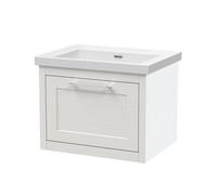 Balterley Traditional Bathroom Wall Hung 1 Drawer Vanity Unit And 0 Tap Hole Modern Fireclay Basin, 600mm, Woodgrain White