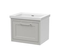 Balterley Traditional Bathroom Wall Hung 1 Drawer Vanity Unit And 0 Tap Hole Modern Fireclay Basin, 600mm, Woodgrain Grey